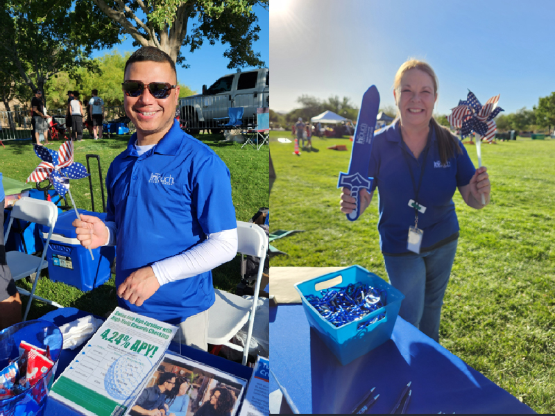 ITCU representatives engage with attendees at the MEMA Red, White & Backyard celebration in Las Vegas, featuring patriotic decorations, giveaways, and outdoor family activities.