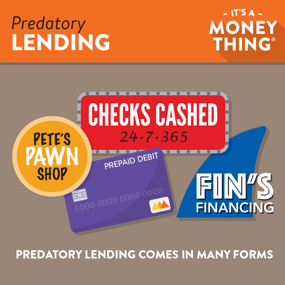 Infographic Examples of Predatory Lending, like Pawn Shops, Financiers and Checks Cashed