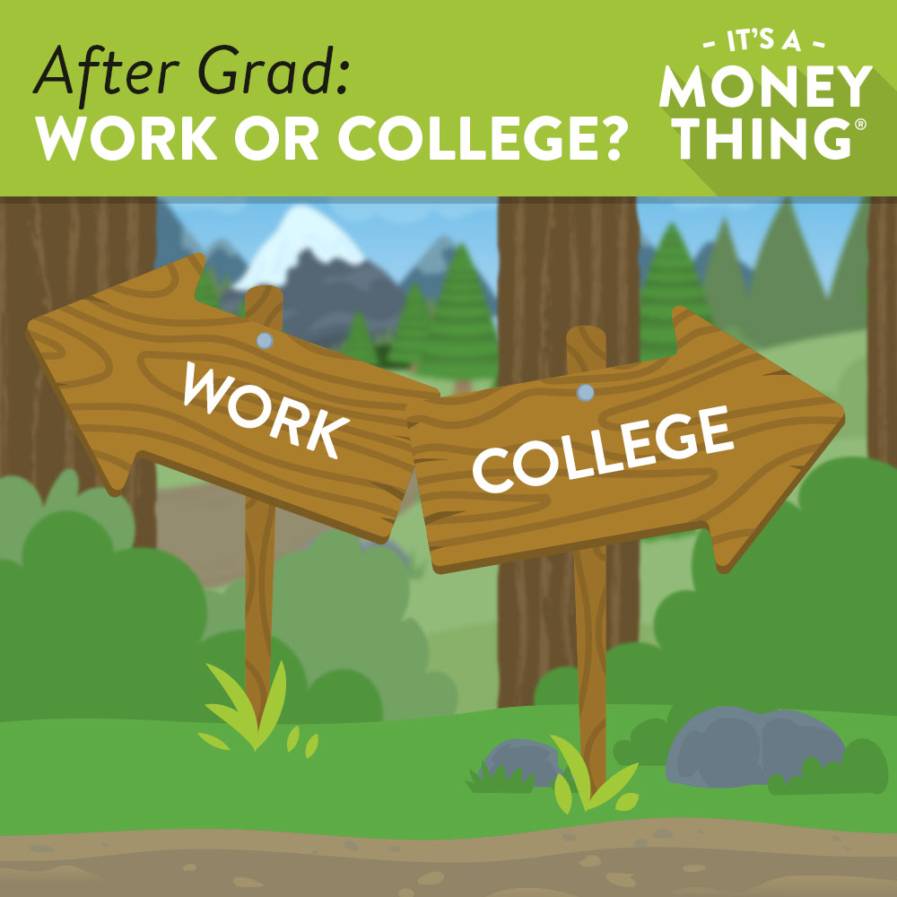 Graphic of Wooden Arrows in a Forest Pointing to "Work" and "College"