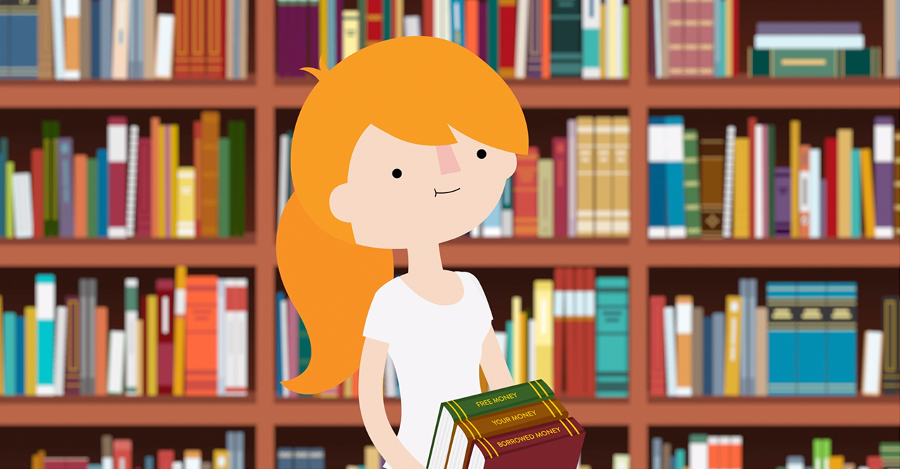 Orange-haired female student walks through library while carrying a stack of books