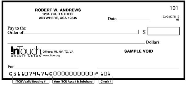 Routing Transit Information Intouch Credit Union Check Example Showing Routing Number 311079474 Account Then