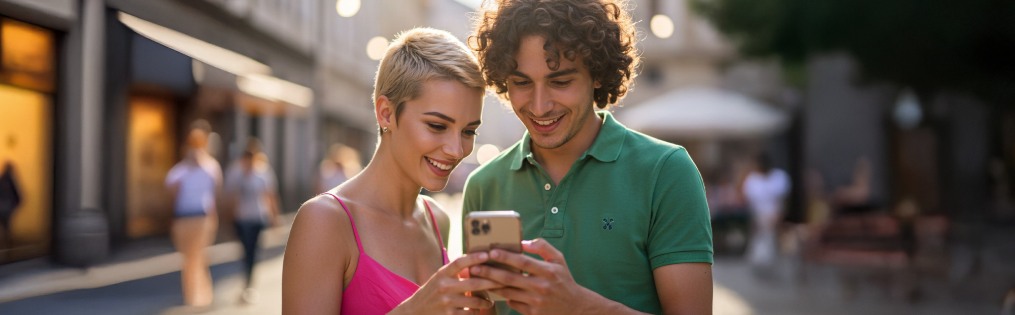 Couple Holidng One Phone and Smiling on Busy Street During the Day