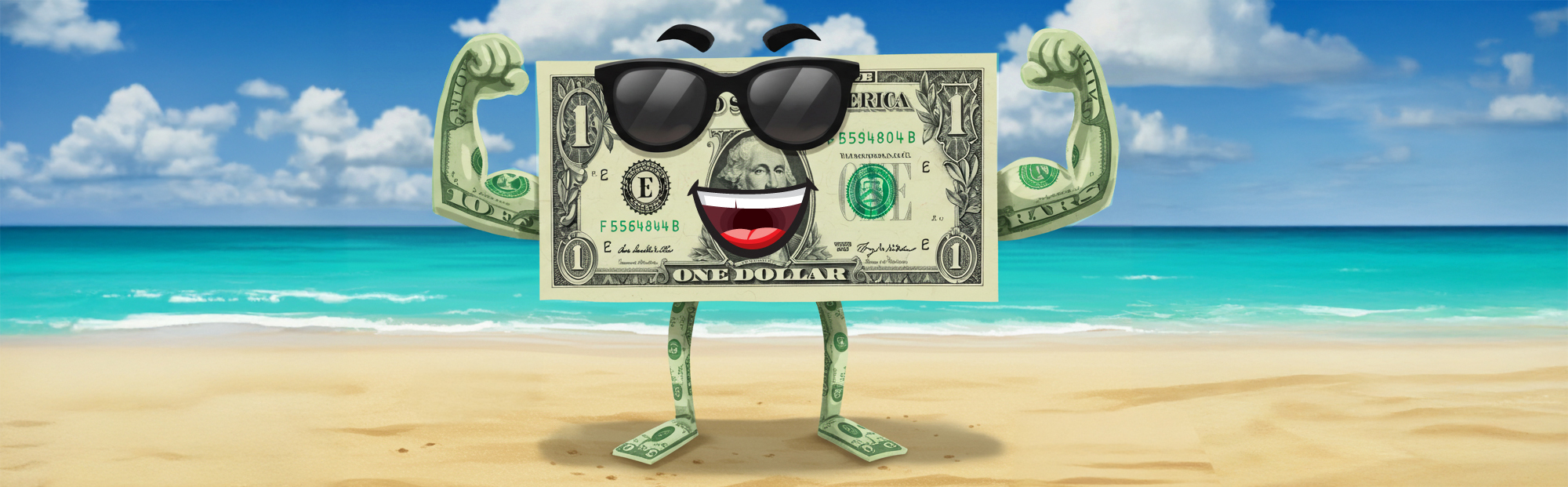 Dollar Bill Wearing Sunglasses, Smiling and Flexing Muscles on the Beach