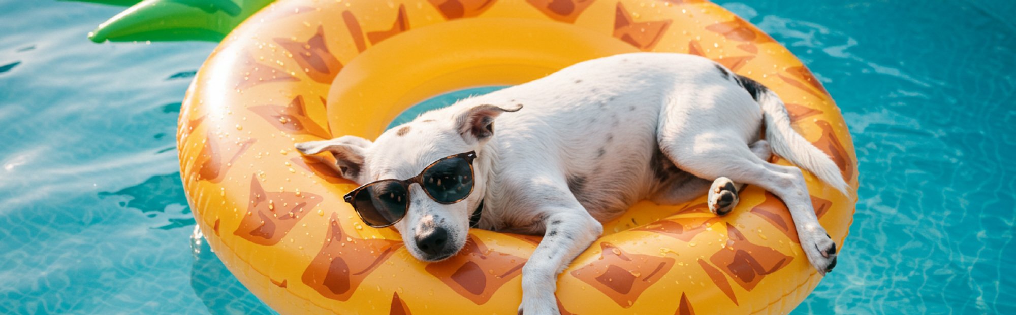 Value Checking dog on a floatie relaxing with sunglasses