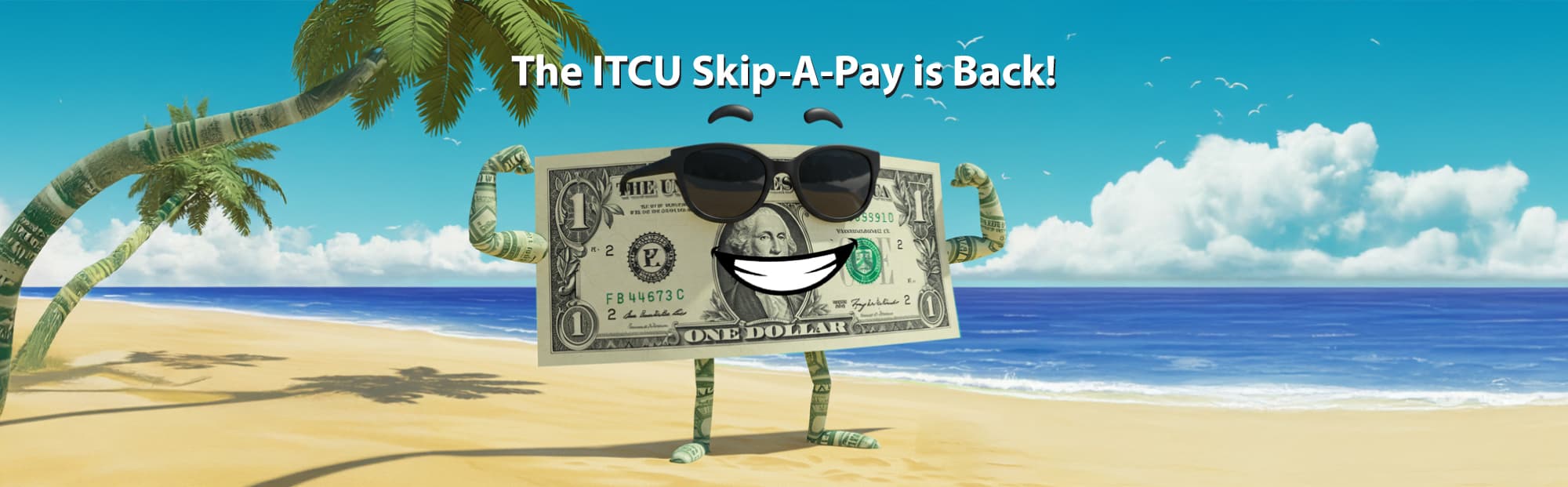 Dollar Bill Wearing Sunglasses and Flexing Muscles on the Beach