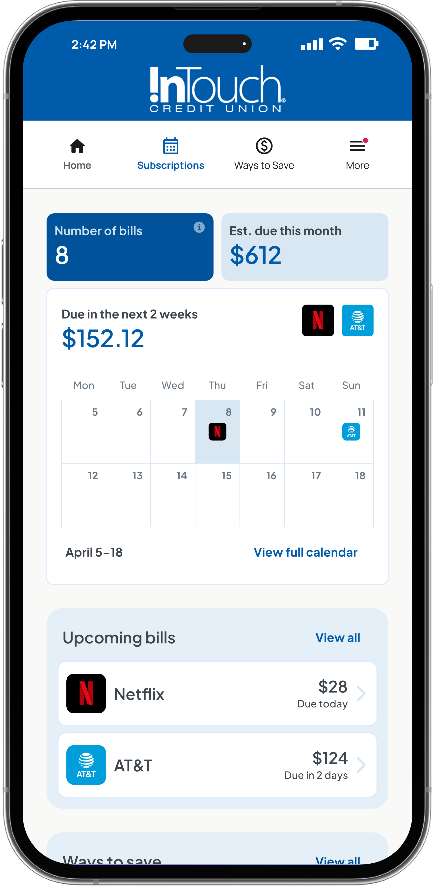 SubManager ITCU Digital Banking Sample Preview of Subscription Manager when Viewed on Smartphone