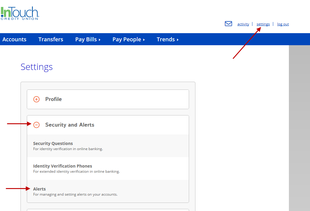 OLB Alerts Overview Screenshot of Alert Options Under Settings in Online Banking