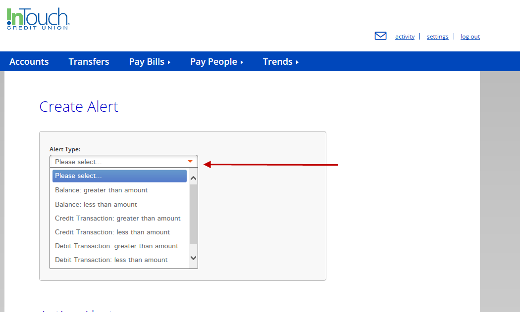 OLB Create Alert Overview Screenshot of Alert Types Available to Create in Online Banking