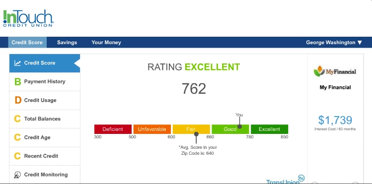 OLB Credit Sense Overview Screenshot of an Excellent Credit Score in Online Banking