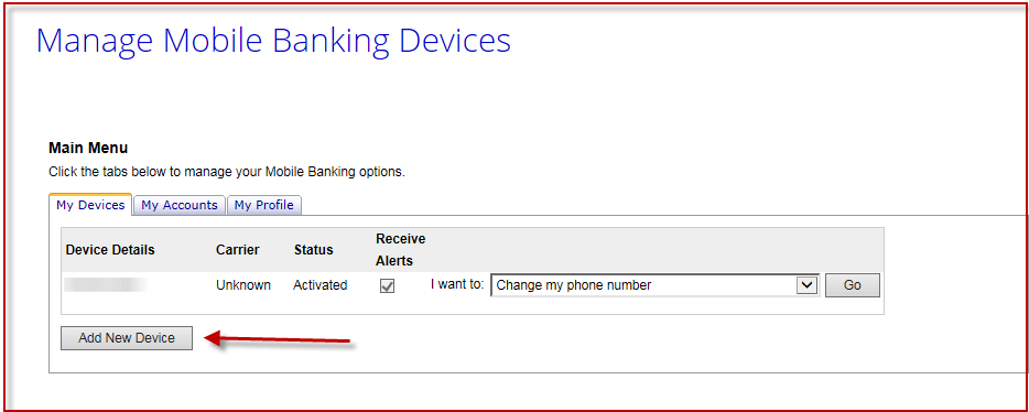 OLB Mobile Alerts 2 Screenshot of the Mobile Alerts Process in OLB and how to Manage Mobile Devices
