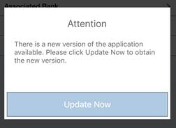 OLB Mobile Banking Update Screenshot of Alert Notifying Users to Update Mobile Banking App