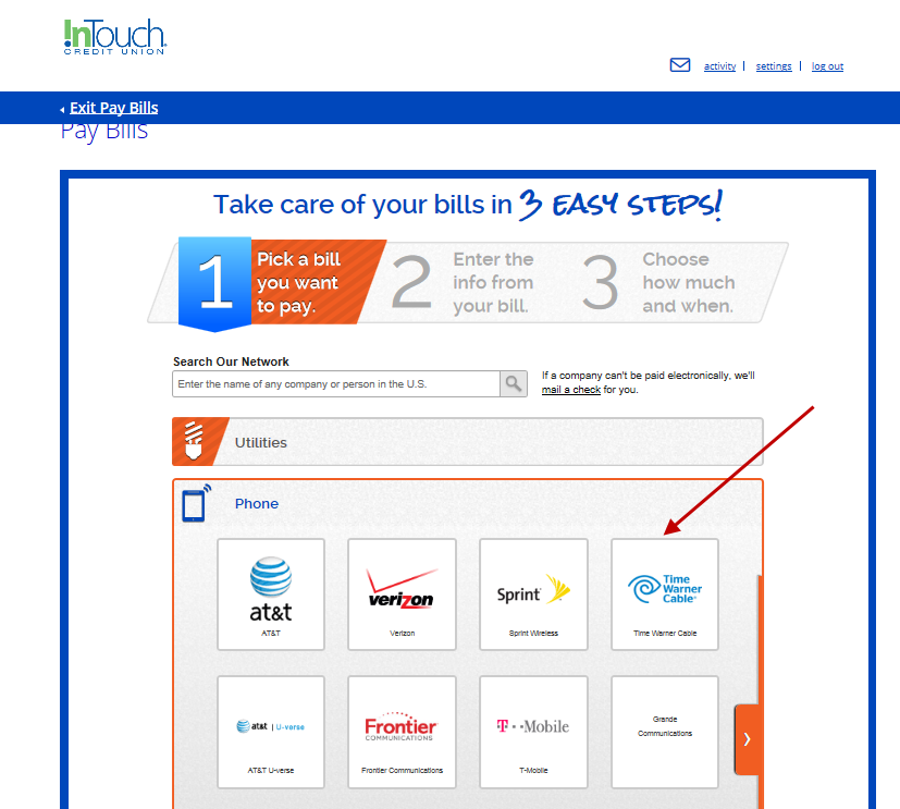 OLB Pay Bills Selections Screenshot of Pay Bills Utilities and Phone Payment Options