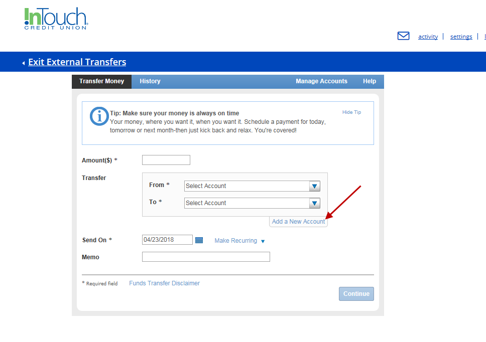 OLB External Transfer Account Transfers Screenshot of External Transfer Options within Online Banking