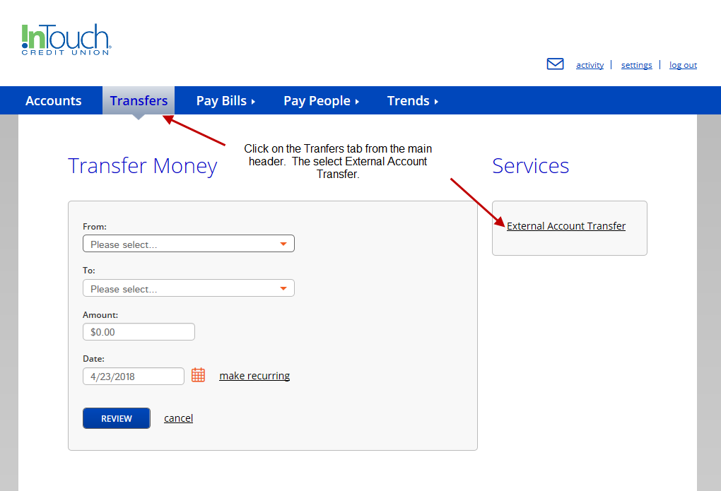 OLB External Transfer Overview Screenshot of External Transfer Transfer Money Service