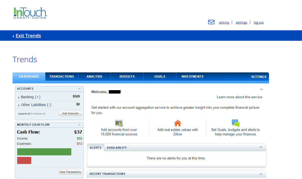 OLB Trends Overview Screenshot of Trends Dashboard within Online Banking