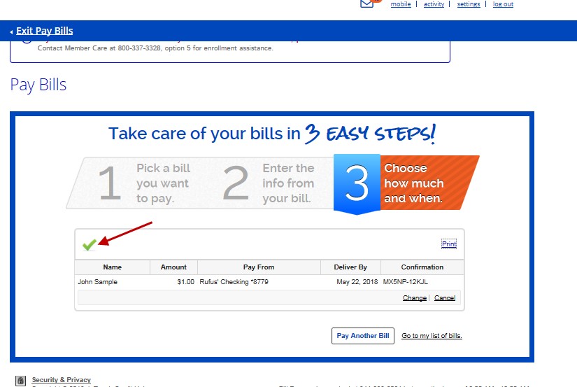 OLB Popmoney Overview with Payment Confirmation Status Popmoney Status Confirmation Screen with Green Checkmark Icon