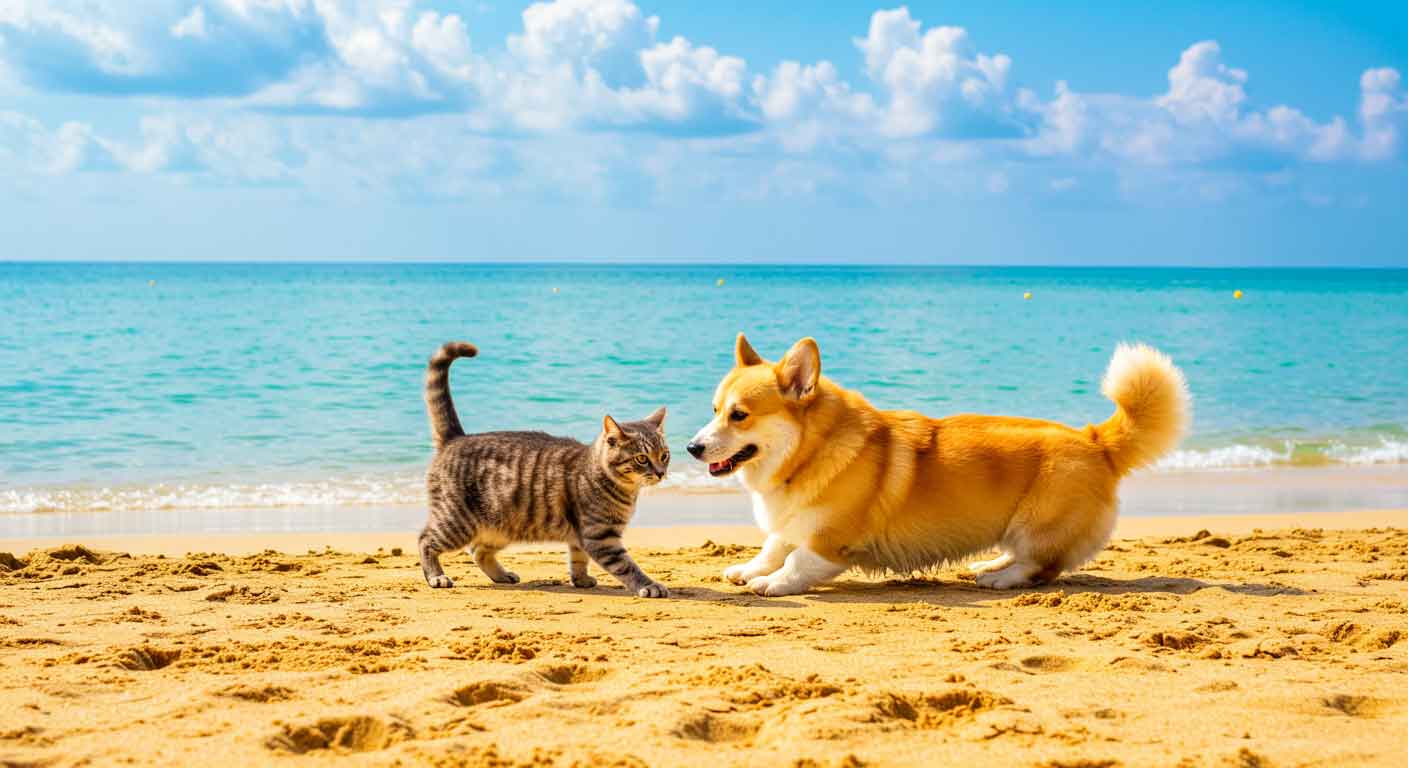 Cat and Dog Seeing Eye to Eye on Beach During Sunny Day