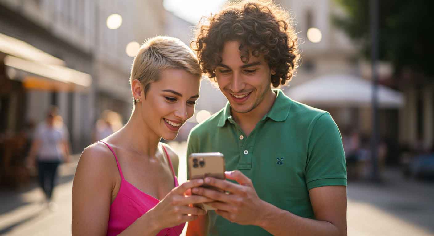 Guy and Gal Using Smartphone Outside on Sunny Day