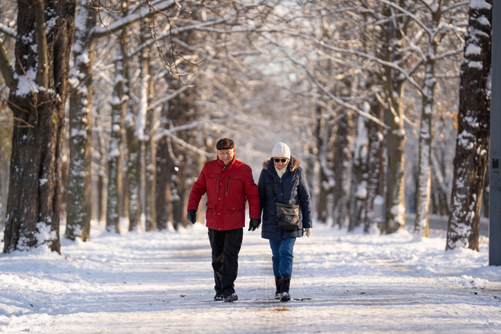 Senior Couple Walking on Snowy Day