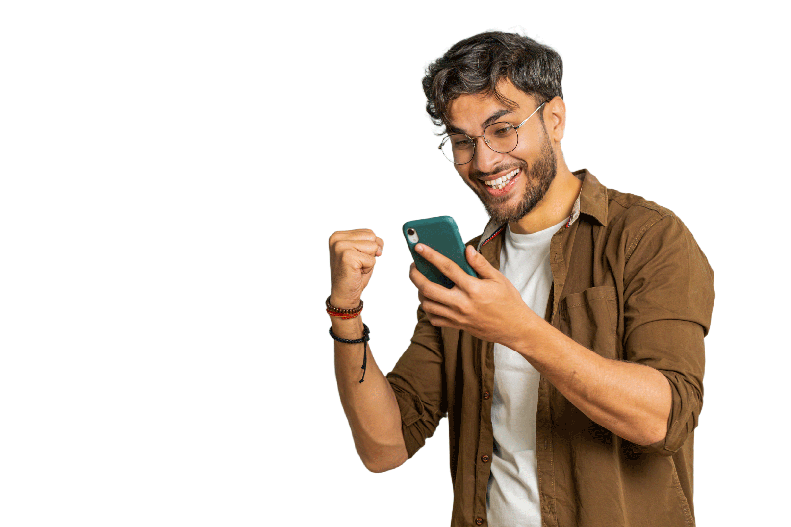 Young Man Smiling and Using Smartphone